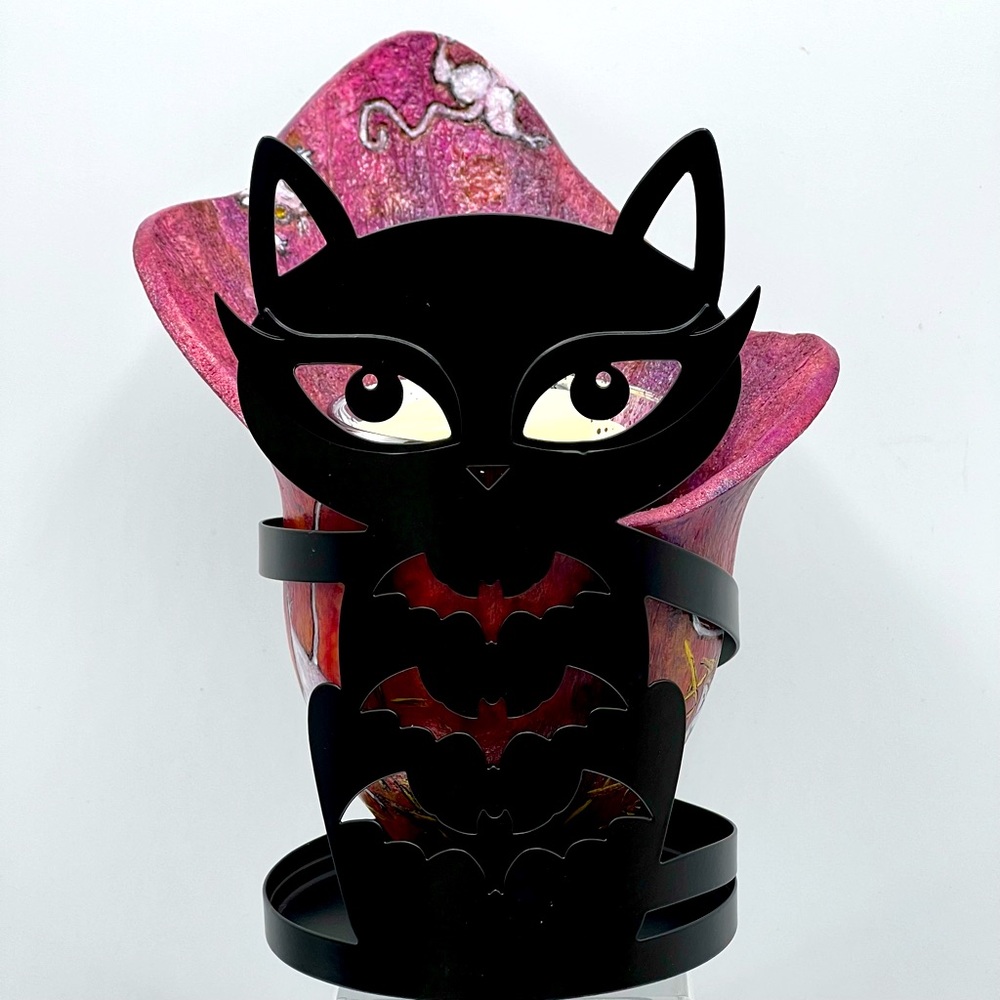 Hand Crafted Black Cat Holding Bag White Mice Gourd Art Candle Holder Candy Dish